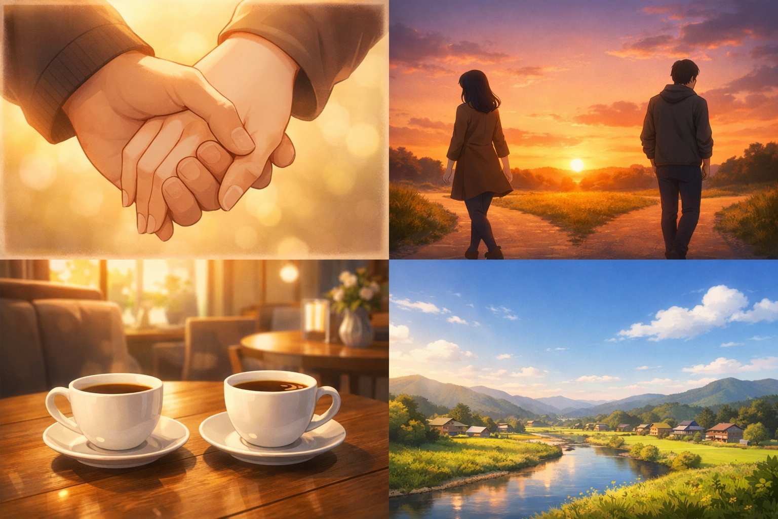 手を繋ぐ2人や別々の道を歩く男女など、大人の恋愛のその後を描いた4コマ風イラストのイメージ