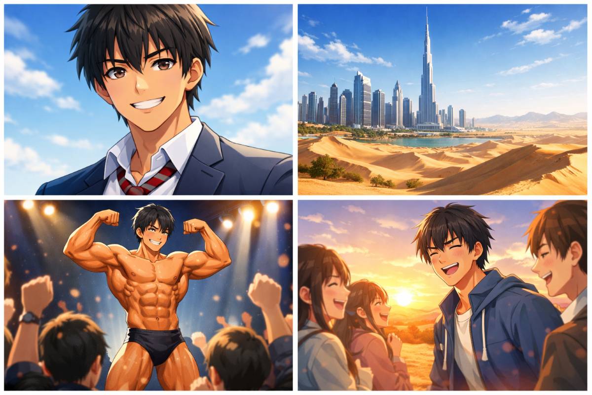 ボディビル王者の榎田一王がドバイを舞台にした恋愛リアリティーショーに参加する様子と笑顔のイメージ