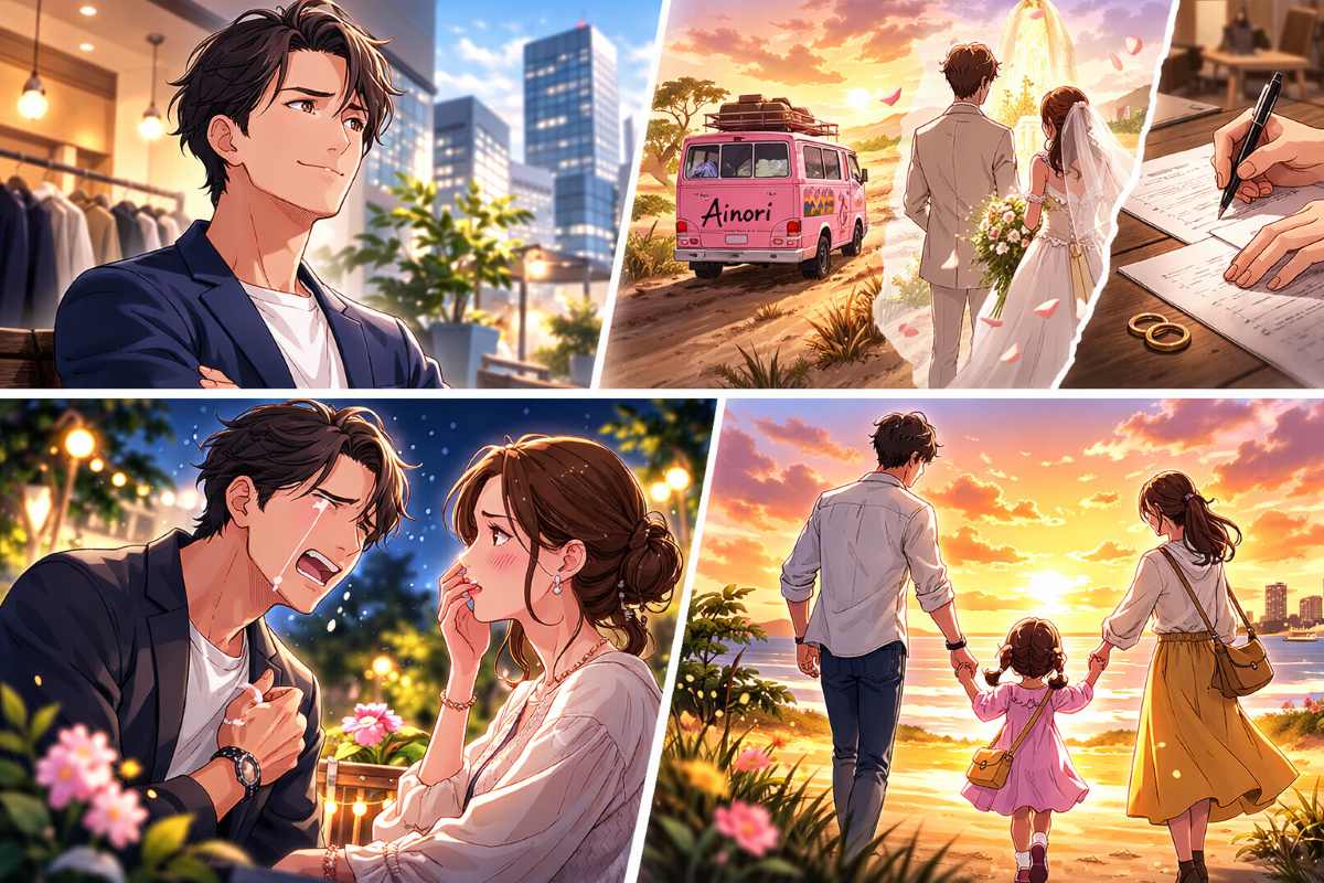 あいのり元メンバーのヒデが、過去の結婚や離婚を経て、『秘密のママ園』でシングルマザーのしおりとカップル成立し、新たな家族の形を築こうとする様子を描いた4コマ漫画風イラストのイメージ