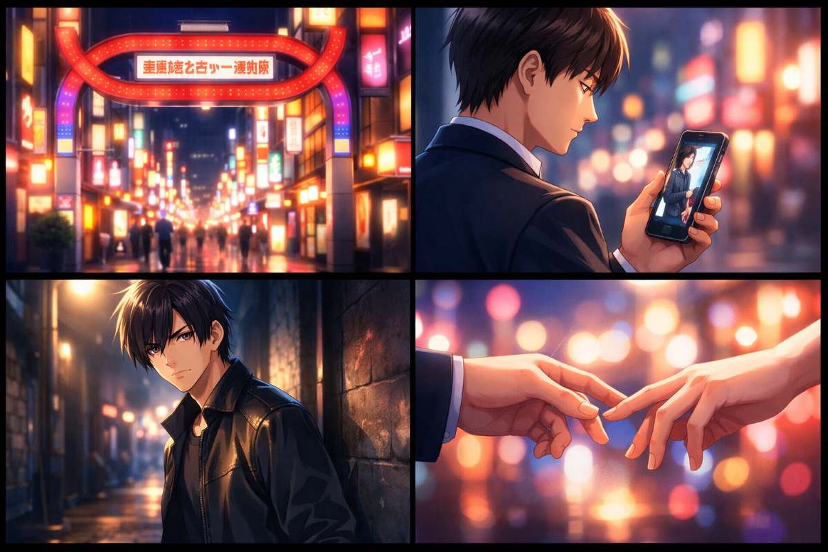 新宿2丁目のネオン街と、スマホを見つめる男性、路地裏の青年、夜に触れ合う手を4枚のカットで描いたアニメ風イラストのイメージ