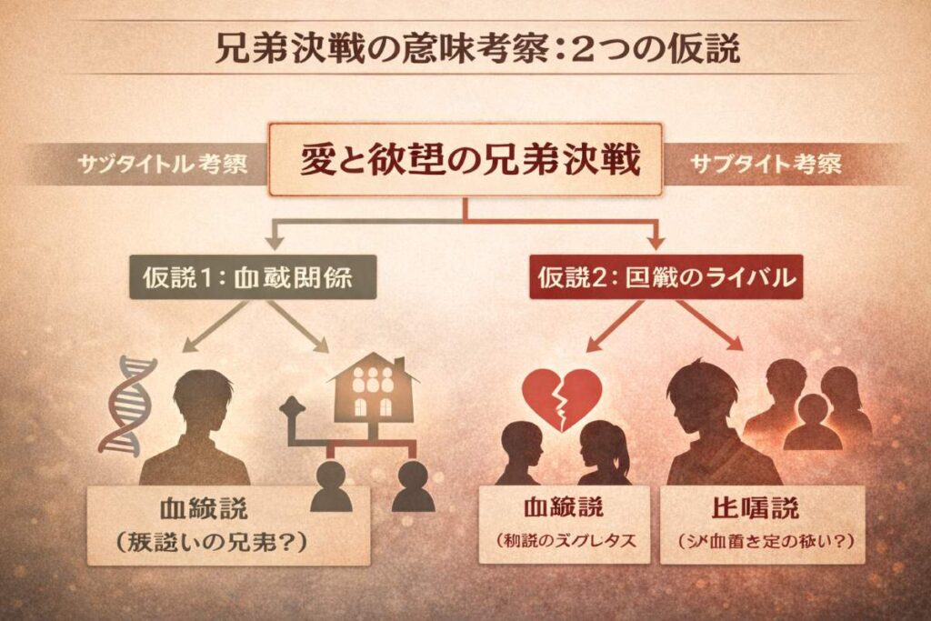 第6話サブタイトル「兄弟決戦」の意味を考察する分岐図。キーワードを起点に「血縁説(腹違いの兄弟)」と「比喩説(恋のライバル・三角関係)」の2つの可能性を提示した図解。
