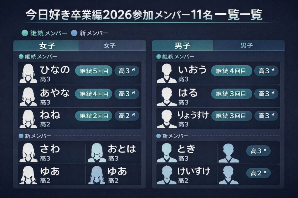 今日好き卒業編2026の参加メンバー11名を一覧化した図解。女子6名（ひなの・あやな・ねね・さわ・おとは・ゆあ）と男子5名（いおう・はる・りょうすけ・とき・けいすけ）の学年や継続回数を整理し、全体像を把握できる構成。