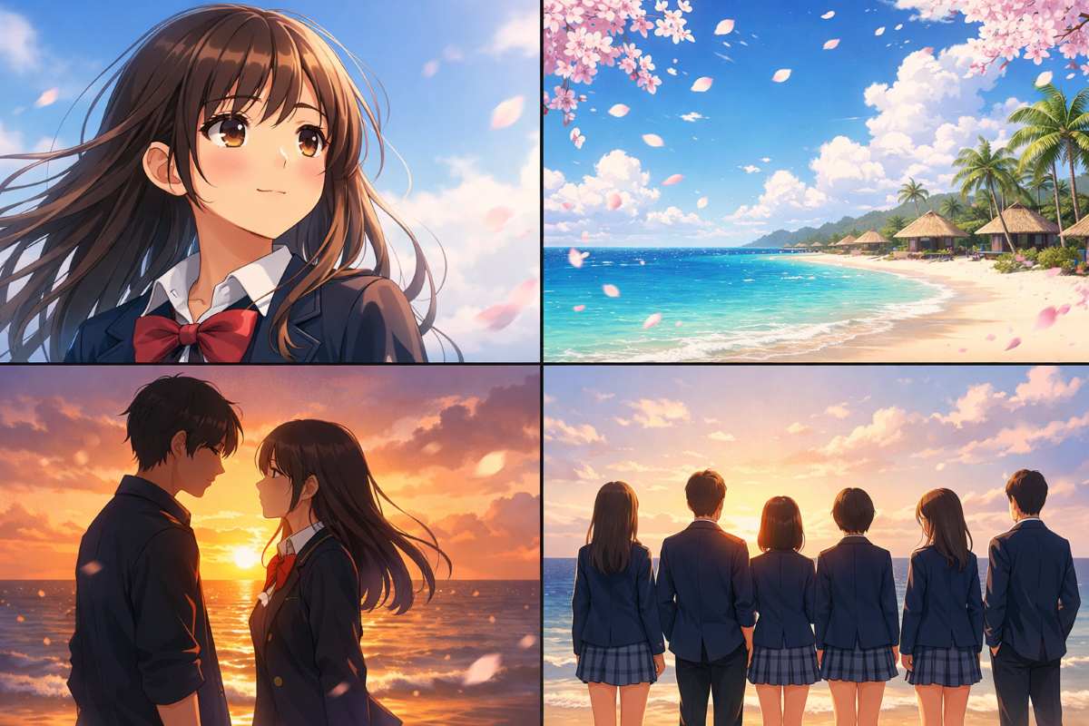 制服姿の男女が海辺で過ごす青春の1ページと桜が舞う卒業シーズンのイメージイラスト