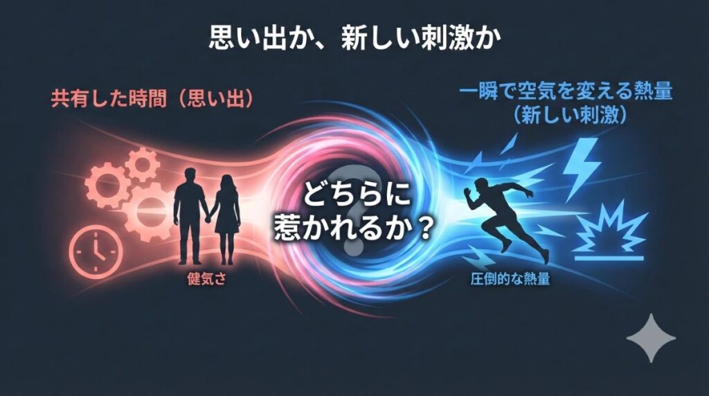 恋愛リアリティ番組における「思い出」と「新しい刺激」の引力を比較。完成された空気を壊す新メンバーの熱量と、一途な恋の対比をまとめた図解