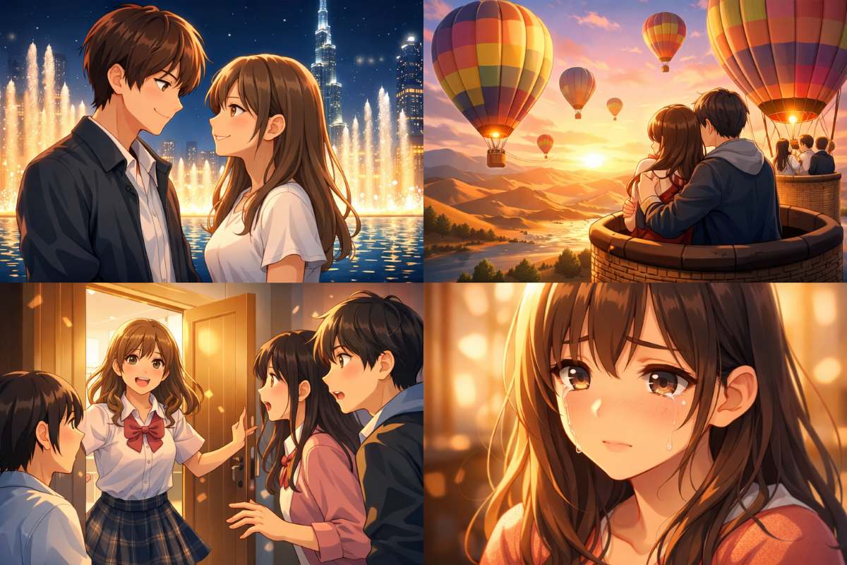 ドバイの美しい夜景と気球デートの風景、突然のライバル登場に驚くメンバーたち、そして不安から涙を流す女子生徒を描いた4コマ風のアニメイラスト