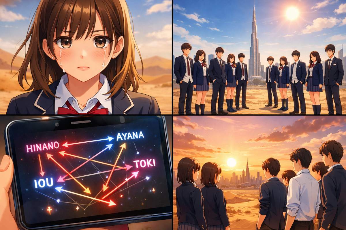 ドバイの景色を背景に、高校生たちが制服姿で佇む様子と、第一印象の矢印が交錯する相関図のイメージ。ひなのの涙や新メンバーの姿も描かれている。