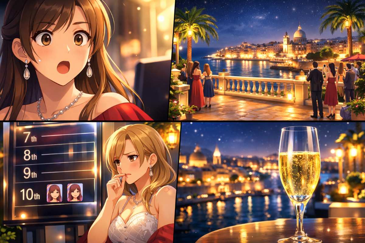 豪華なパーティー会場でランキングボードを見て驚く女性とマルタの夜景を描いた4枚構成のイメージ