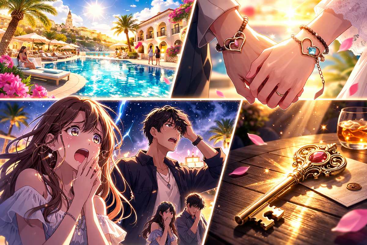 マルタ島のリゾートを舞台に、残酷な投票システムによって波乱の結末を迎える男女の恋愛模様を描いた4コマ風イメージ