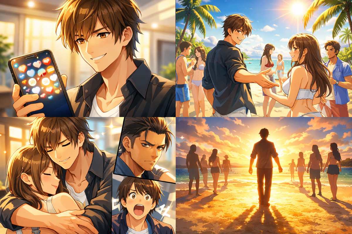 南国の恋愛リアリティショーで注目を集める陸大成（たいせい）の活動や、バックハグの瞬間、ライバルとの対立を予感させるアニメ風イラストのイメージ