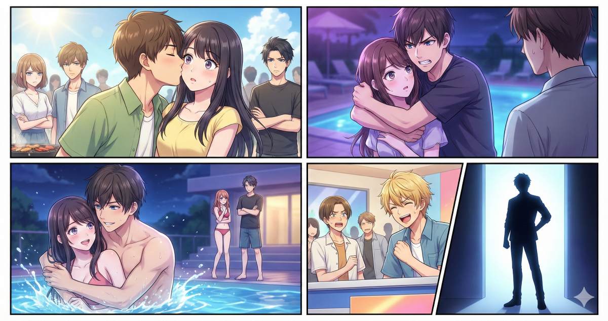 『ラブパワーキングダム2』第2話で、昼のBBQでの不意打ちキス、夜のプールでの強引なハグと密着、そしてスタジオの爆笑と新メンバー登場の衝撃を描いた4コマ風イラストイメージ。