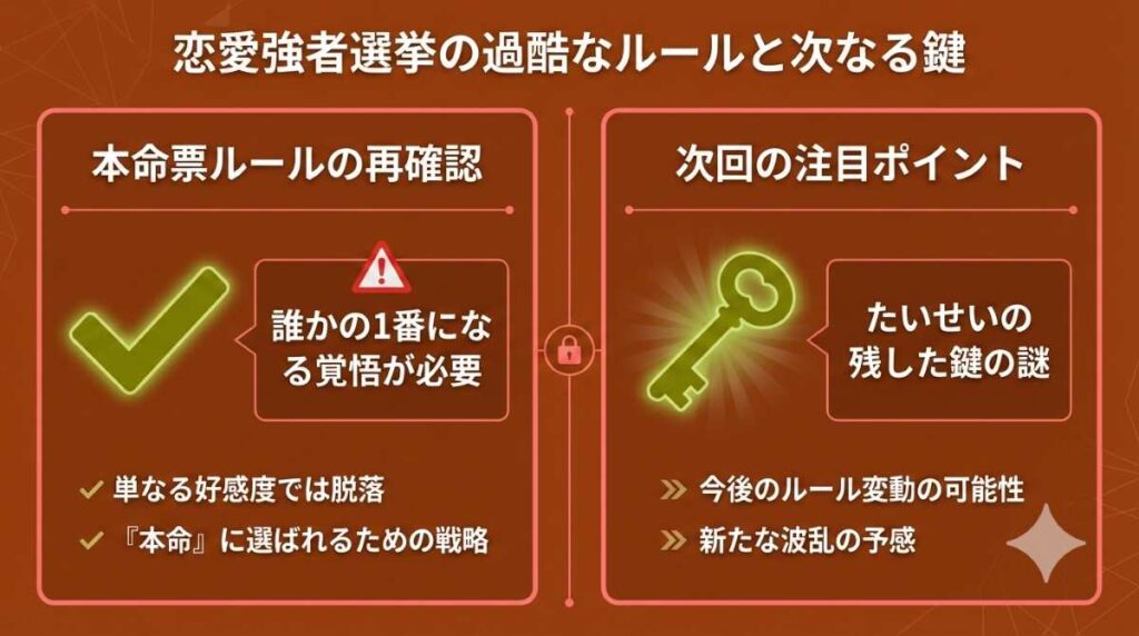 本命にならなければ脱落する恋愛強者選挙の過酷なルールと、たいせいが残した次回への鍵となる注目ポイントを整理した図解
