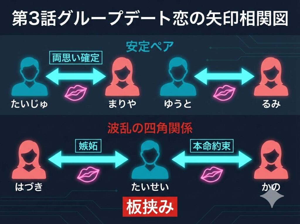 第3話マルタ島グループデートでのキスの嵐と、たいじゅとまりやの両思いやたいせいを巡る複雑な恋の矢印を示した相関図