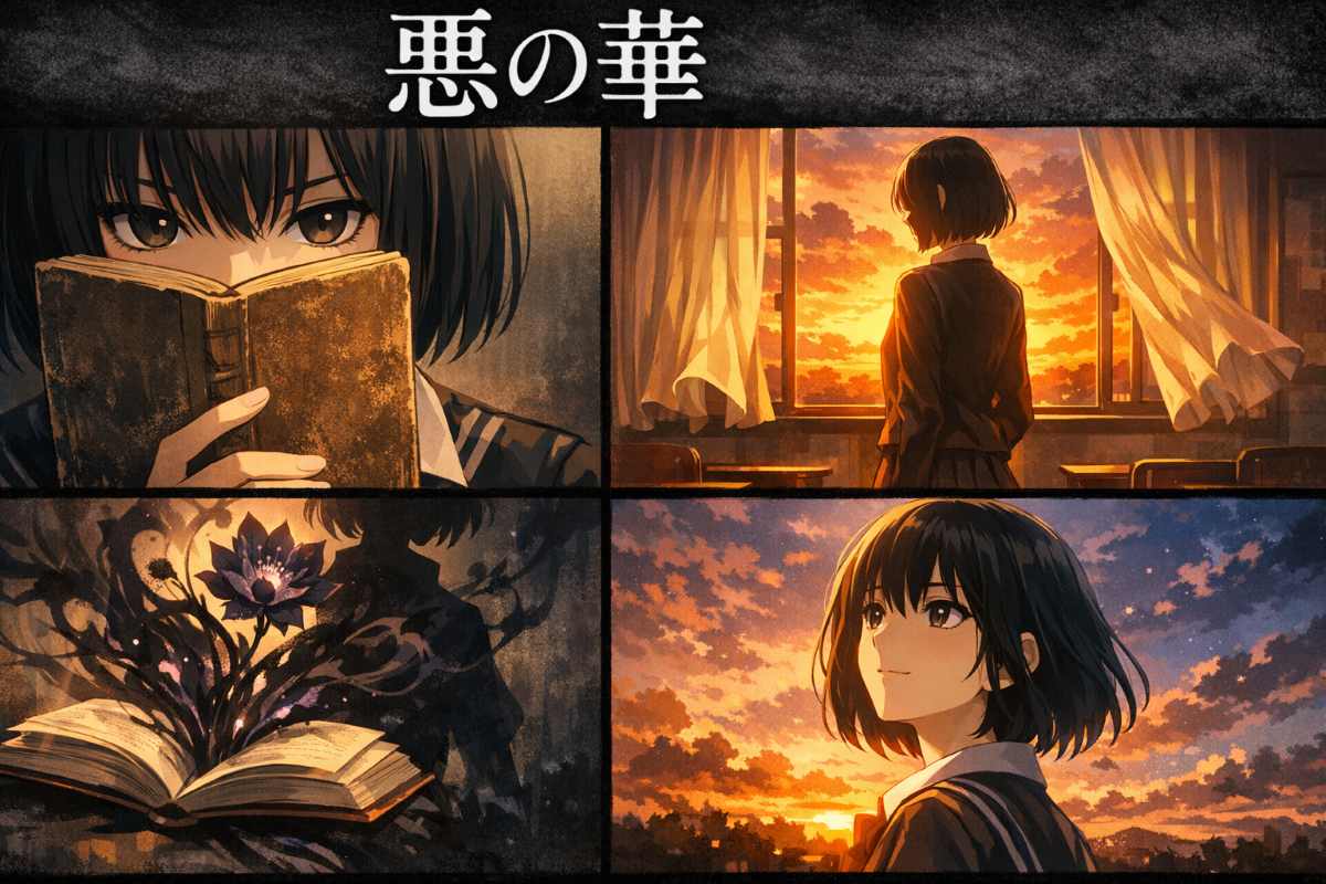 ドラマ『惡の華』常磐文役をイメージした中西アルノのアニメ風4コマイラスト