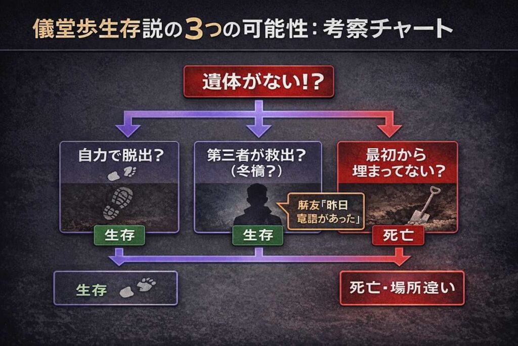 儀堂歩の遺体が消えた原因を3つの仮説(自力脱出、共犯者救出、幻覚・移動)に分岐させた考察フローチャート。特に共犯者救出説には冬橋の関与と麻友の証言を紐付け、生存説が濃厚であることを視覚的に整理。