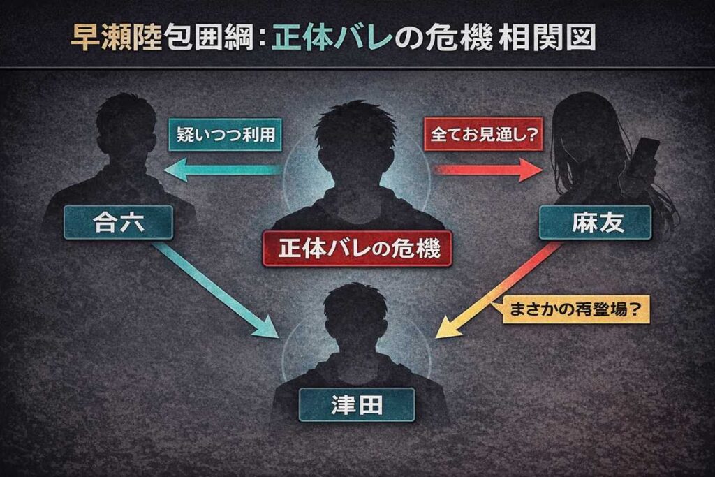 早瀬陸を中心とした人物相関図。合六からの疑念、麻友からの監視、そして津田再登場の可能性を示し、早瀬が四面楚歌の状況にあることを視覚化。各矢印には感情やスタンスを簡潔に記載。