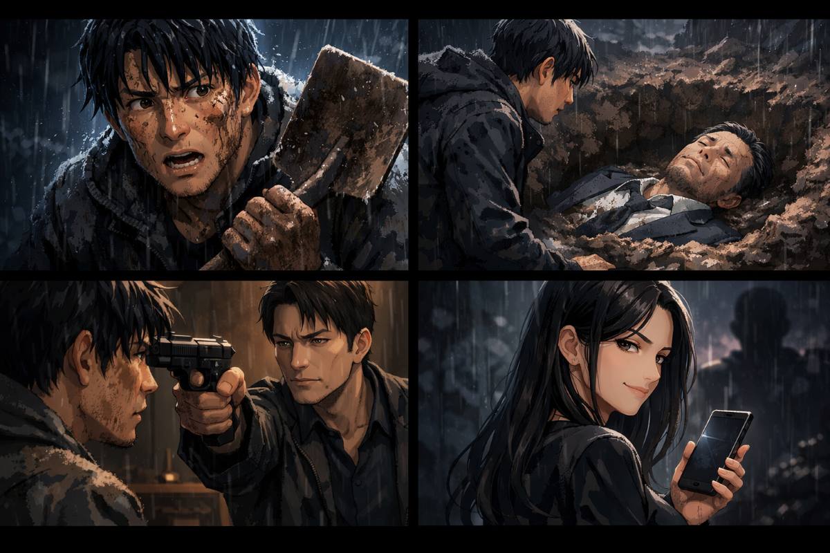 雨の山中で呆然とする早瀬陸と、土の中から現れた安藤（ダイアン津田）の遺体。冷徹な合六と銃口、不敵に微笑む麻友のカットを含む4コマ構成のイメージ。