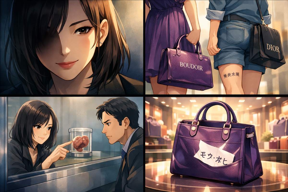 サラ・キムのミステリアスな微笑み、二人の女性と紫色のバッグ、面会室での真相提示、ブランド店舗に吸い込まれるサラの本名を描いた4コマ風アニメイラストイメージ