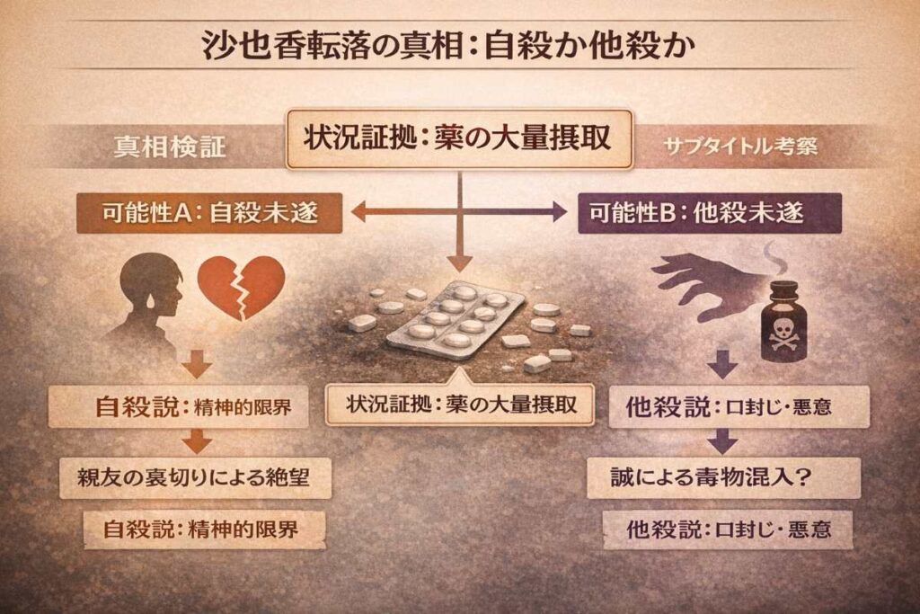 ラストシーンで沙也香が倒れた原因を検証する図解。散乱した薬を中央に配置し、「自殺未遂(絶望)」と「他殺未遂(毒物混入)」の2つの可能性を比較検証する図。