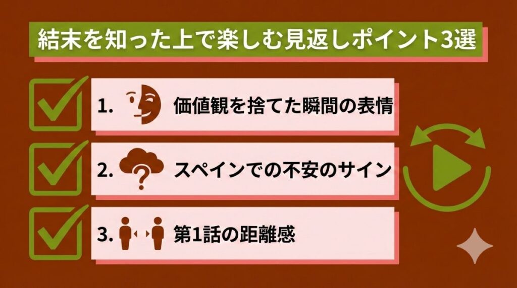 さよならプロポーズをより深く楽しむための見返しポイントを図解。タカミツの価値観の変化やヤワラの不安のサインなど、結末を知った上で注目すべき3つのポイントが分かるToDoチェックリスト。