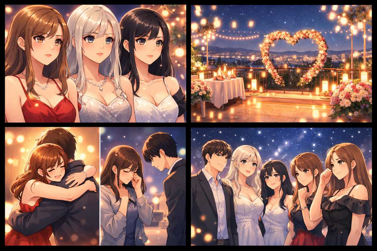 『愛のハイエナ』シリコンズラブ最終回でカップル成立した組と失恋した女性の対比、そしてそれぞれの未来を描いたアニメイラストのイメージ