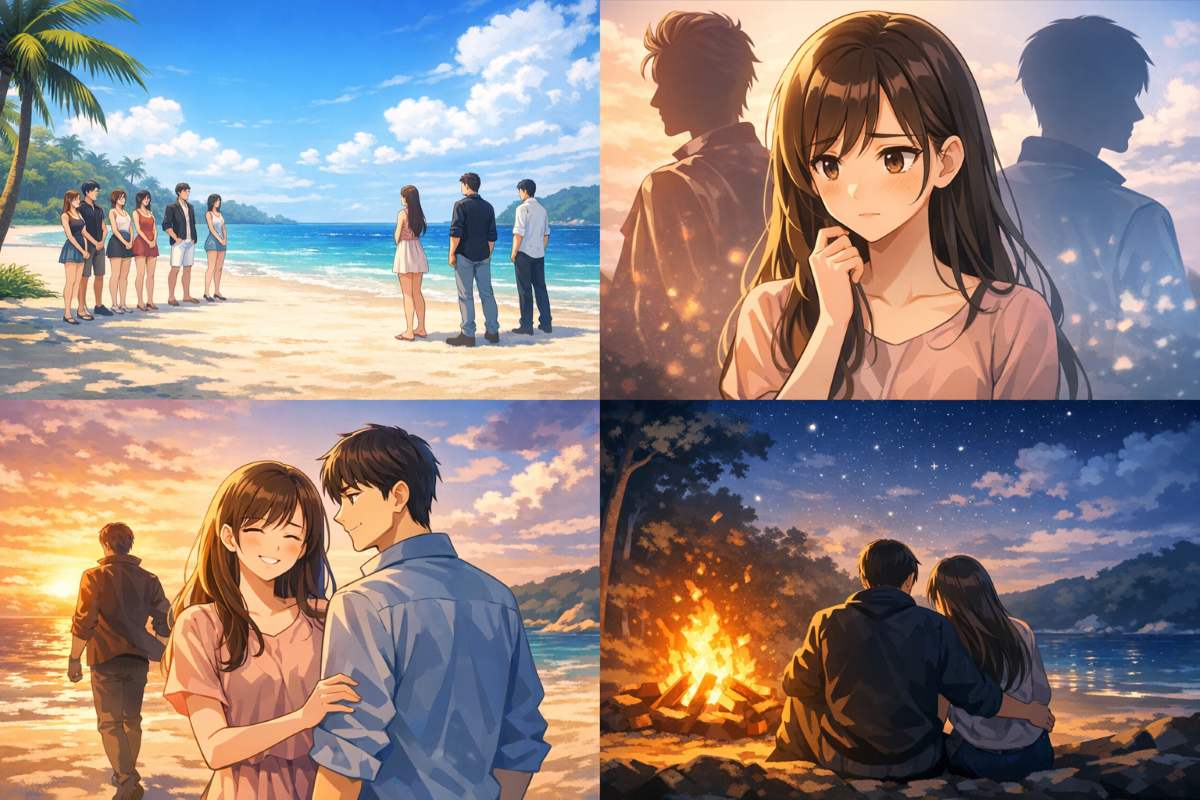 アニメ調イラスト。南国のビーチに佇む男女、選択に迷う女性の表情、夕暮れ時に背を向けて去る男性のシルエット、夜の焚き火を囲む二人の影。