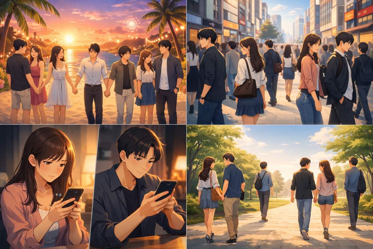 番組での華やかな成立から、都市での現実、そしてそれぞれの新たな出発を描いた4コマ漫画風のアニメイラストのイメージ