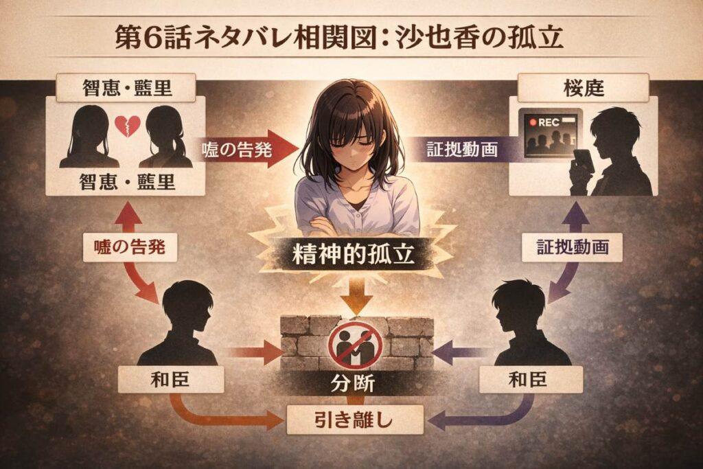 ドラマ『ぜんぶ、あなたのためだから』第6話の相関図解。主人公・沙也香が親友たちの嘘と桜庭の提示した動画によって孤立し、和臣との関係が分断される様子を視覚化した図。