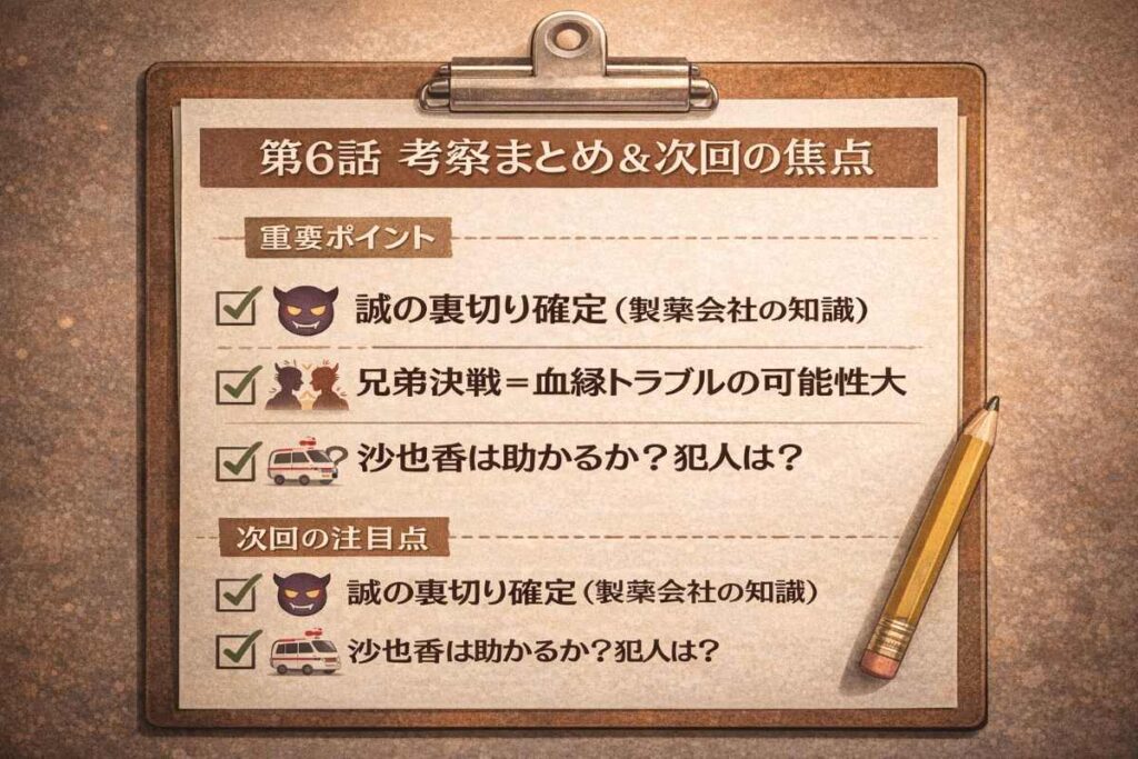 第6話の考察まとめチェックリスト。誠の裏切り、兄弟決戦の意味、沙也香の安否という3つの重要ポイントを整理し、次回第7話への注目点をまとめた図。