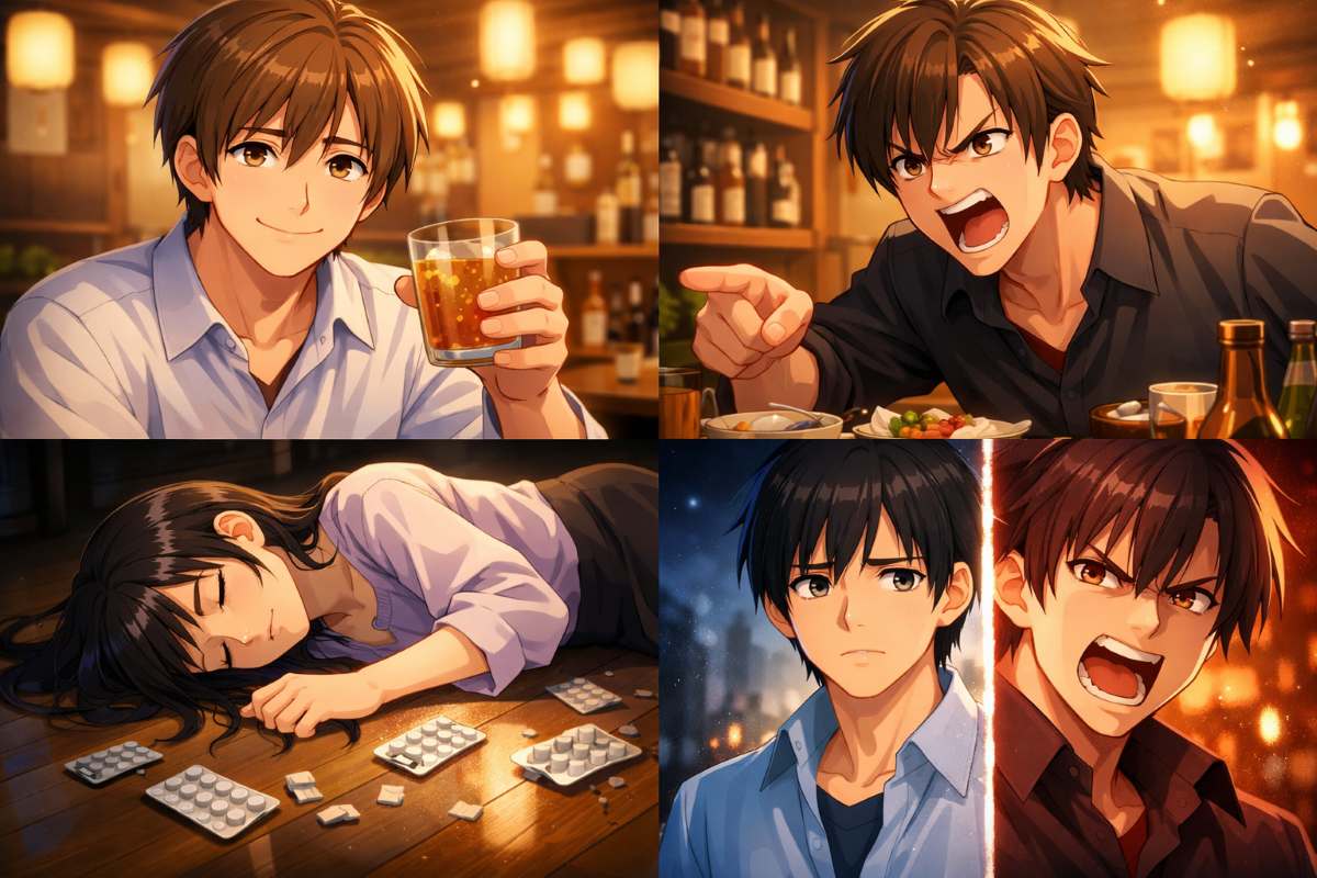 居酒屋で豹変する杉浦誠と、薬のシートが散乱する部屋で倒れた沙也香の様子を描いたアニメーションイメージ