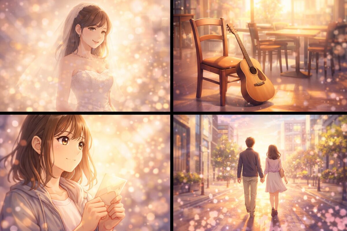 ウェディングドレス姿の女性の記憶から始まり、現代の新しいカップルが光の中へ歩み出す様子を描いた4分割のアニメ風イラストイメージ