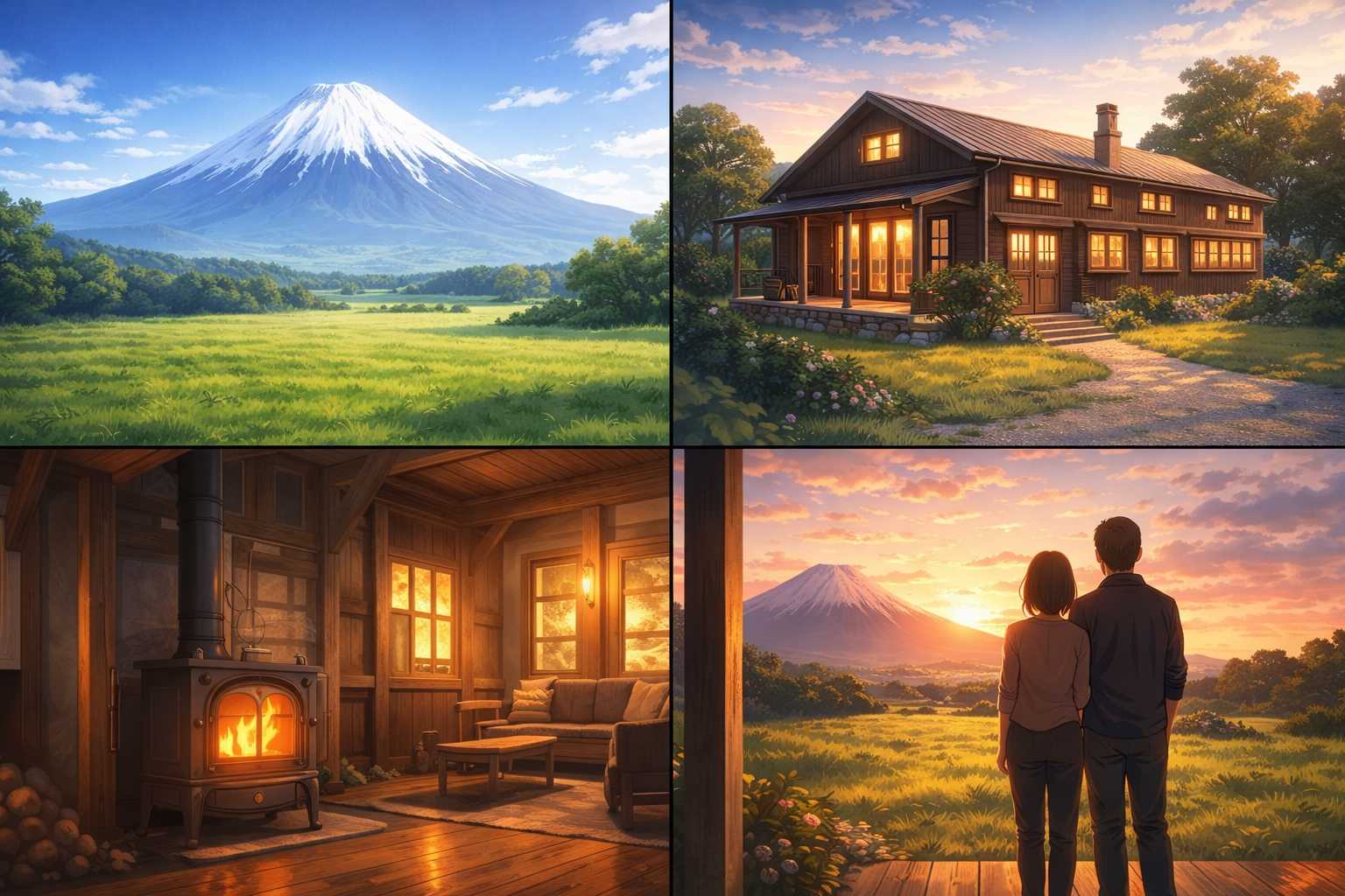 富士山を背景に建つ、牛舎を改築したヴィンテージ風の木造ハウスと薪ストーブのイメージ