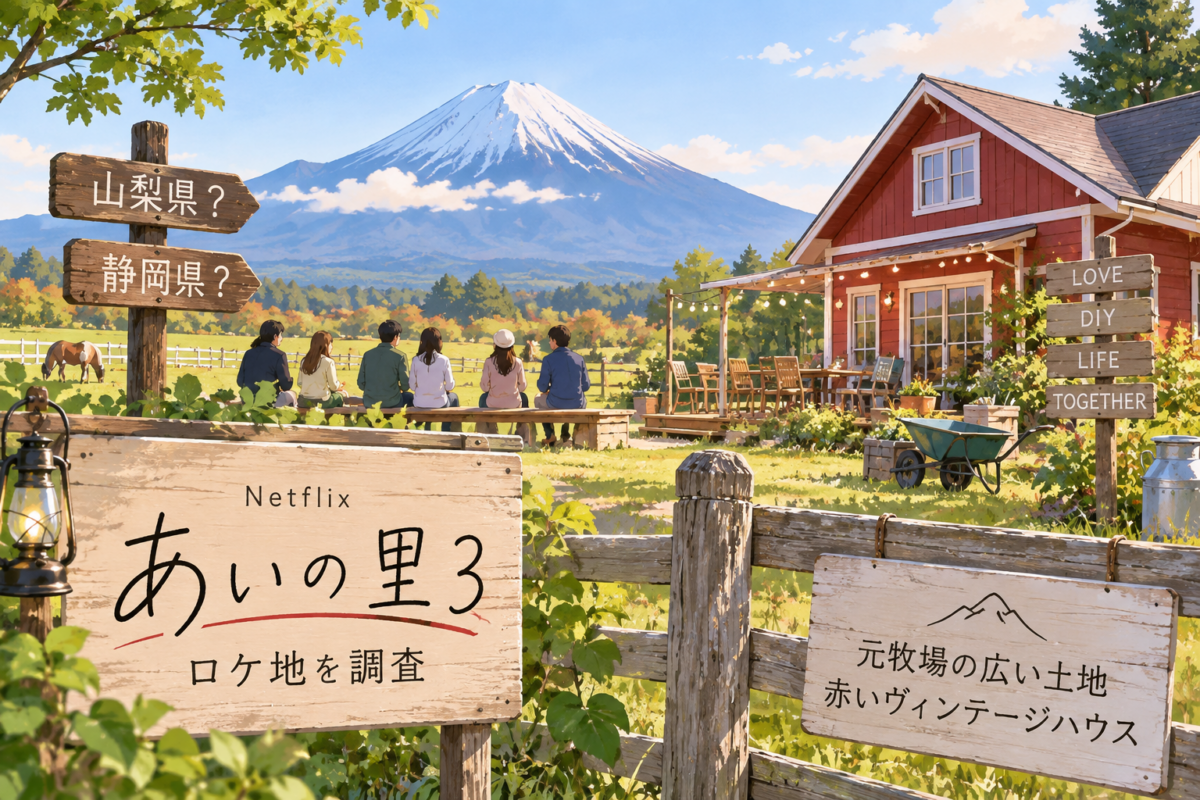 Netflix『あいの里3』のロケ地調査を示し、富士山麓の牧場風景と赤いヴィンテージハウス、山梨県・静岡県の候補を示す案内板を描いたイラスト