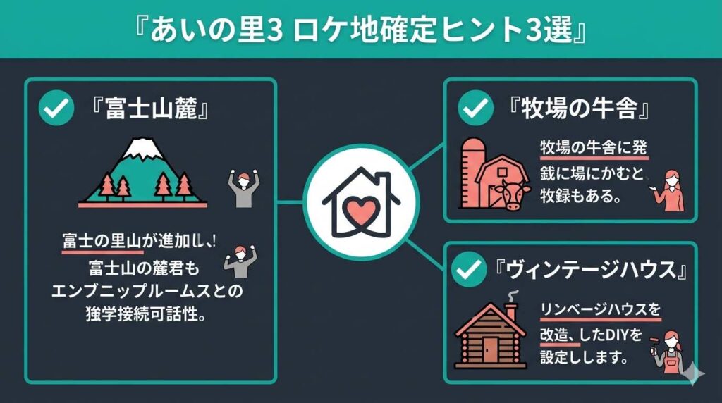 あいの里シーズン3の公式発表から判明したロケ地の確定条件である富士山麓・牧場・牛舎改築ヴィンテージハウスの3点を整理した図解