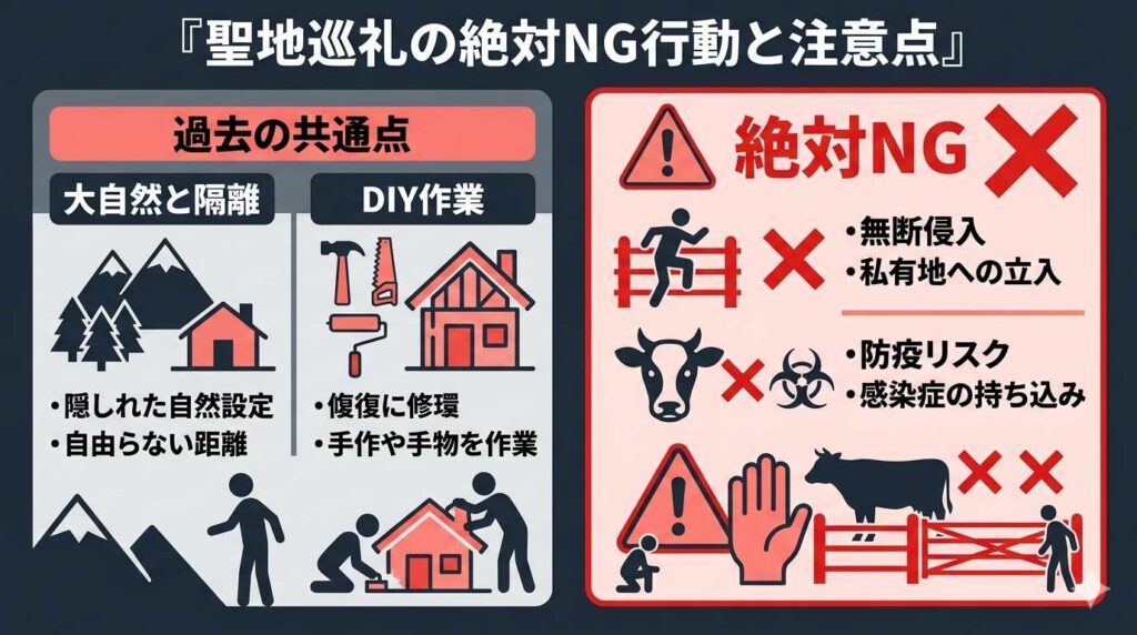 過去シーズンのロケ地選定基準と、特定前の個人牧場への無断侵入や防疫上のリスクに対するNG行動を警告するチェック図解