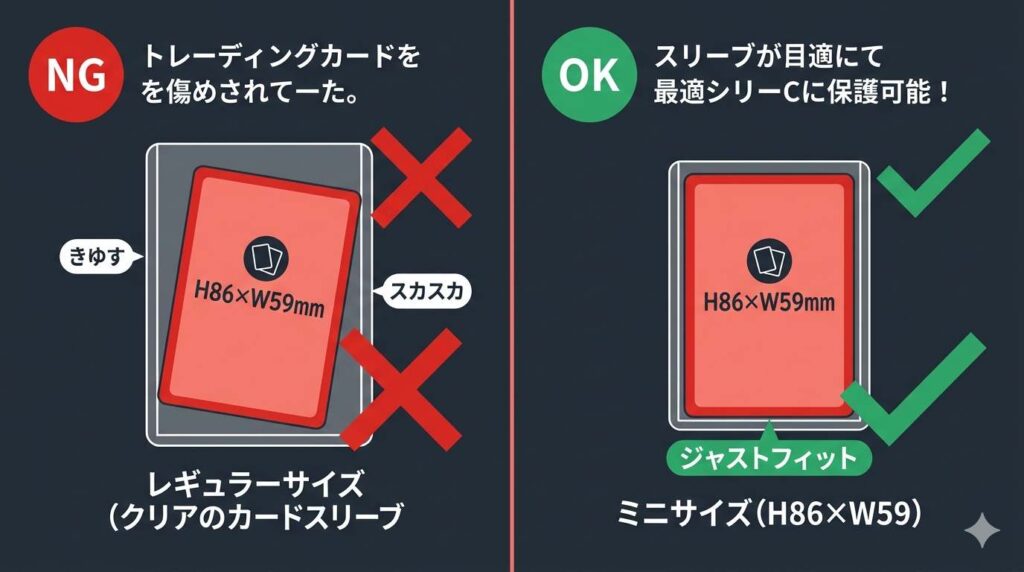 H86×W59mmのカードに対するジャストサイズスリーブ（OK）と大きすぎるレギュラーサイズ（NG）の比較図解