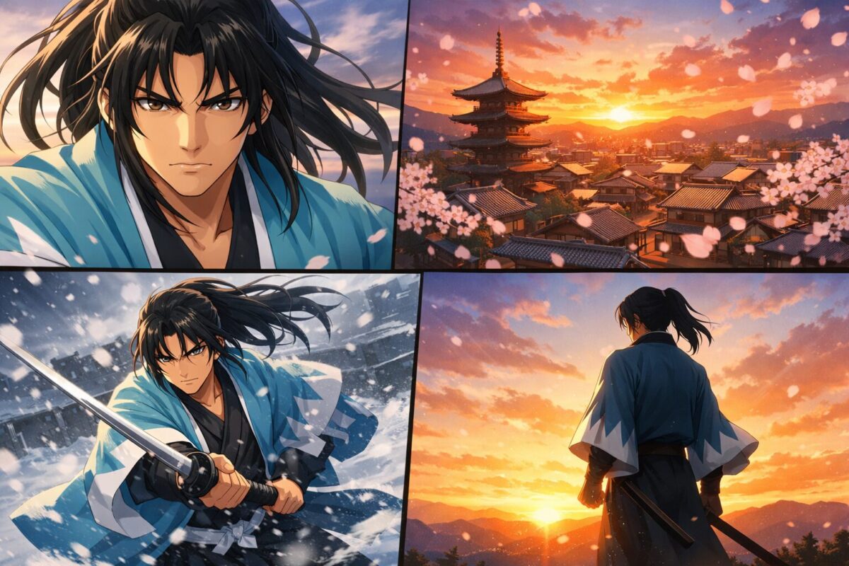 新撰組の羽織を着た若き剣士が雪の舞う北の大地で刀を構え、かつての仲間の記憶を胸に最後の戦いに挑む姿を描いた4分割のアニメ風イラストイメージ。