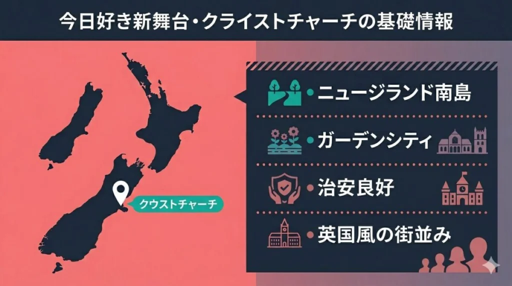 ニュージーランド南島最大の都市であり「ガーデンシティ」と呼ばれるクライストチャーチの位置関係と、緑豊かで治安の良い基本情報をまとめた図解