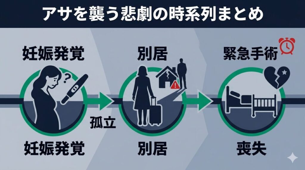 予期せぬ妊娠発覚から夫への絶望、別居、そして緊急帝王切開による死産に至るまでの悲劇的な時系列を整理したタイムライン図解。主人公アサの孤独と喪失のプロセスがひと目で分かる構成。
