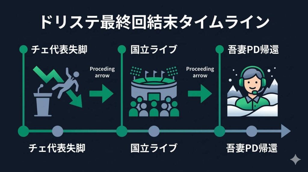ドリステ最終回におけるチェ代表失脚から国立ライブ開催、吾妻PD帰還までの時系列と結末をまとめた図解