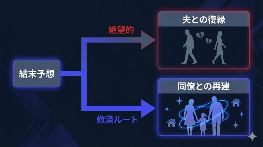 夫との復縁という絶望的なルートと、同僚のシングルファーザー緒方と共に歩む救済ルートの2つの未来の可能性を比較した結末分岐図解。ドラマ独自のハッピーエンドへの期待を視覚化。