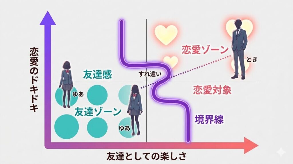 友達関係の居心地の良さと恋愛対象としてのドキドキ感の境界線とすれ違いを示すマトリクス図解