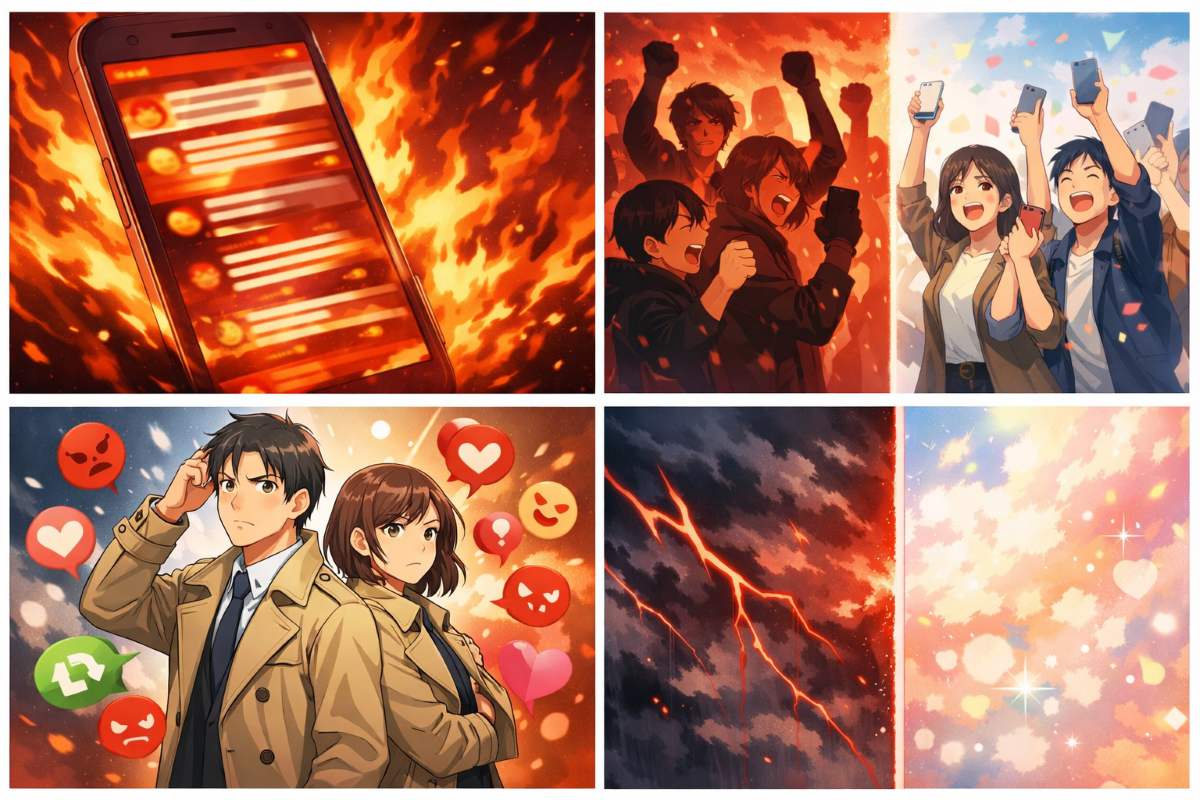 スマホの炎上タイムラインと、怒る群衆と熱狂するファンが入り混じる中で困惑する男女の刑事のイメージ