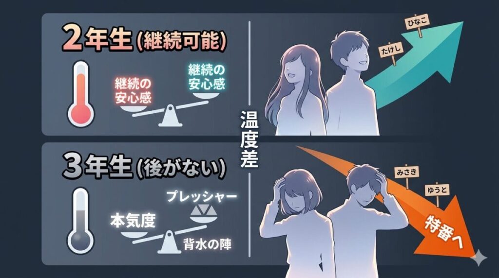 次がある2年生と後がない3年生の間で生じた本気度やプレッシャーの温度差を比較した構造図解