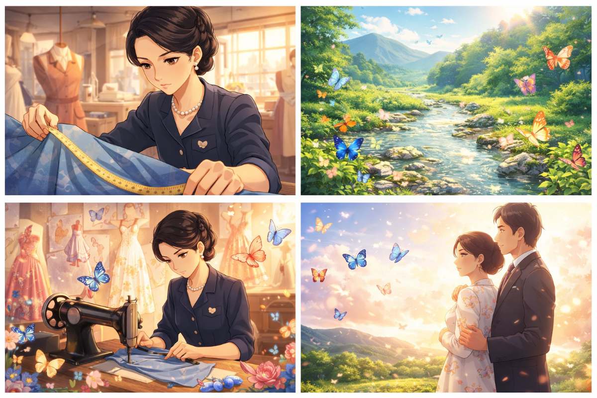 昭和モダンの洋装店でドレスを仕立てる女性デザイナー、島根の豊かな自然を舞う蝶、光り輝く未来を見つめる姿を描いたイメージ