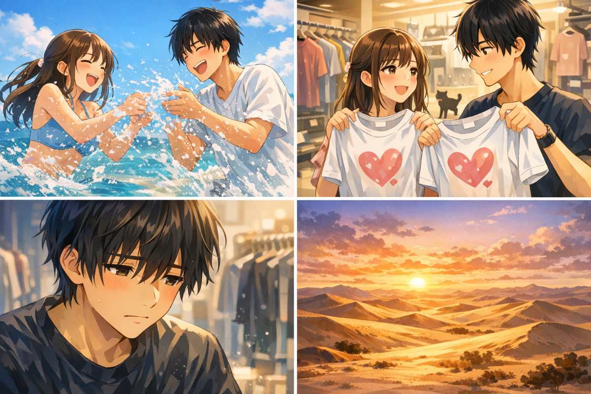 海辺で遊ぶ男女やショッピングを楽しむ姿、切ない表情の男子など、高校生たちの恋のすれ違いを描いた4コマイラスト