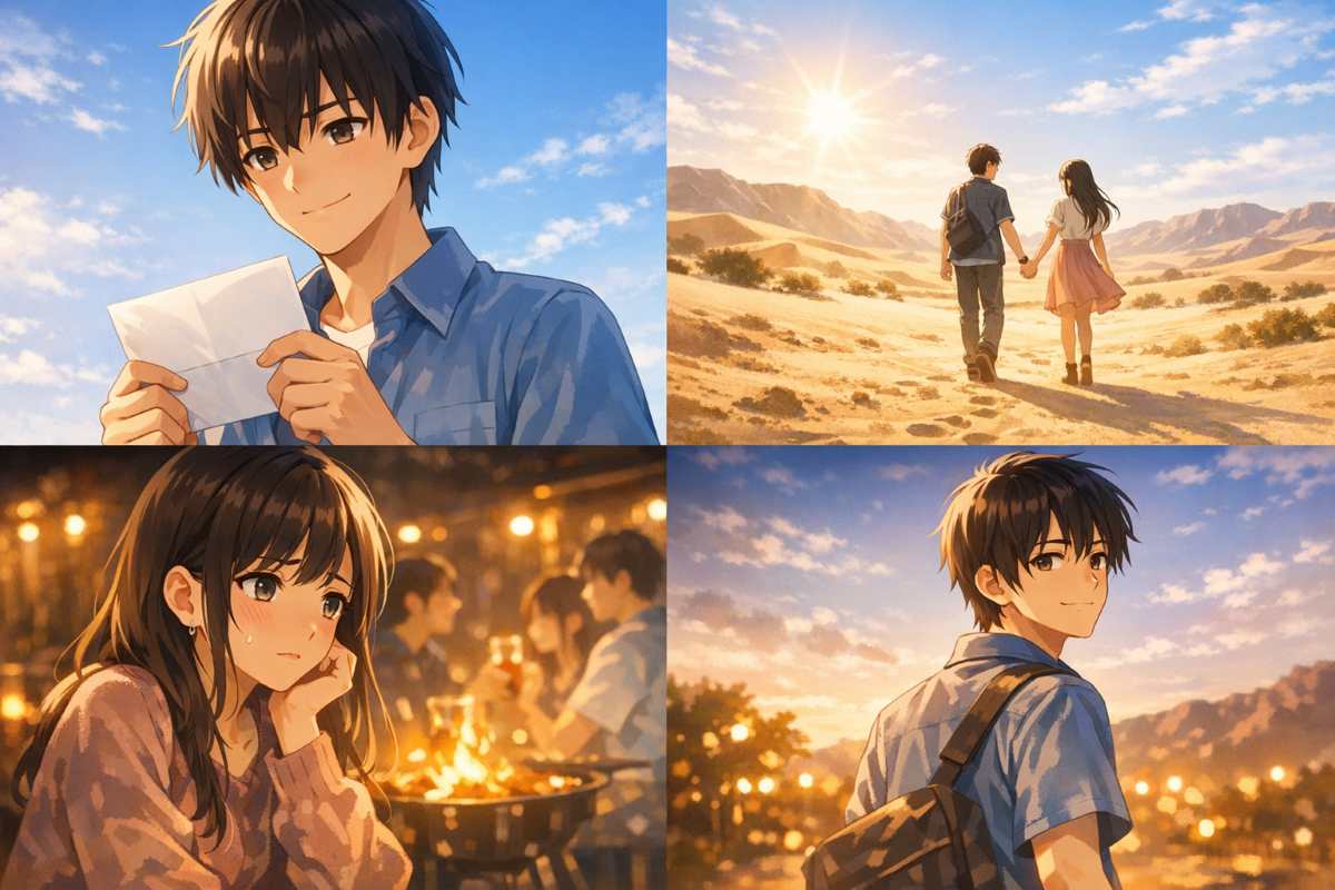 砂漠で手を繋ぐ男女や夜のバーベキューで不安げな少女、手紙を持ち決意の笑顔を見せる少年の姿を描いた4分割のアニメ風イラストイメージ