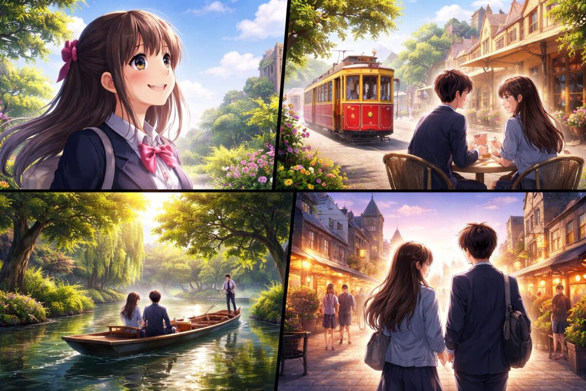 ニュージーランドの緑豊かな公園やレトロなトラムが走る街並みでデートをする高校生男女のイメージ