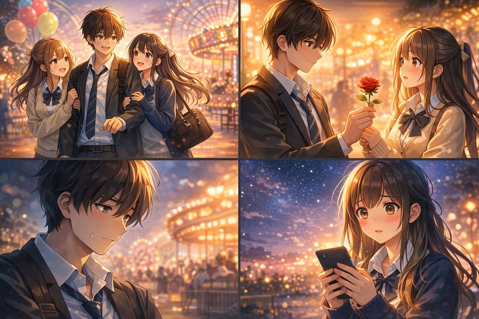 遊園地で遊ぶ高校生、赤い花を渡す男子、涙を流す若者、スマホを見つめる女子が描かれた4コマ風アニメイラストのイメージ