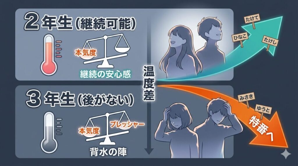 今日好き卒業編2026最終回の告白結果一覧。はるねねの唯一の成立と、他3組の不成立の対比が一目で分かる図解