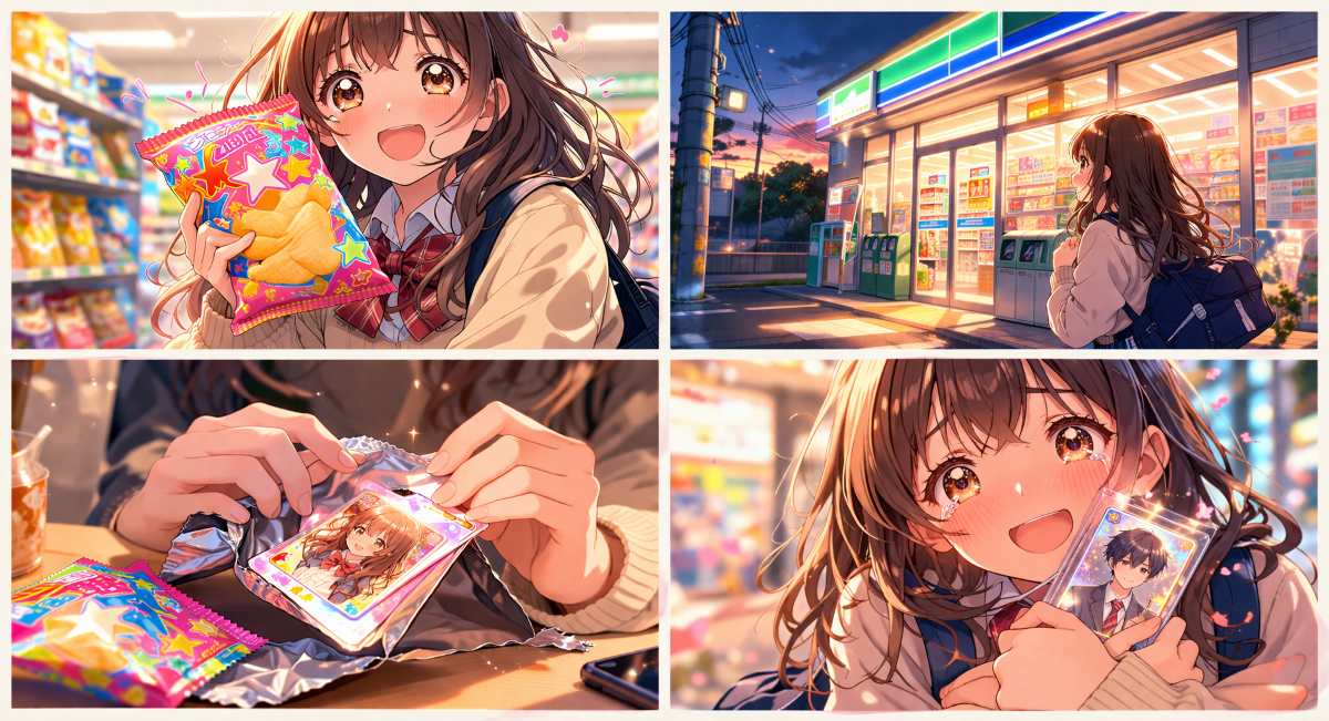 星柄のスナック菓子を開封し、中から出てきたキラキラ光る特別なトレーディングカードを大切に胸に抱きしめて喜ぶ女子高生のイメージ
